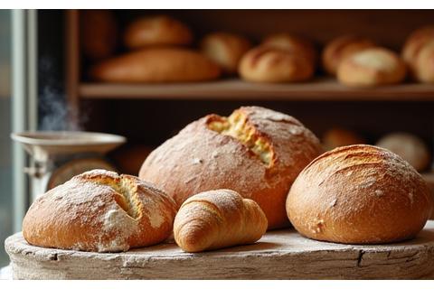Boulangerie artisanale avec du pain frais et des pâtisseries sur des étagères en bois